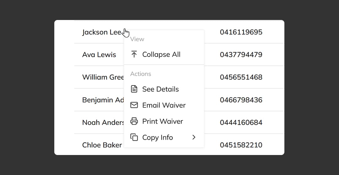 Safety waiver admin dashboard right-click context menu