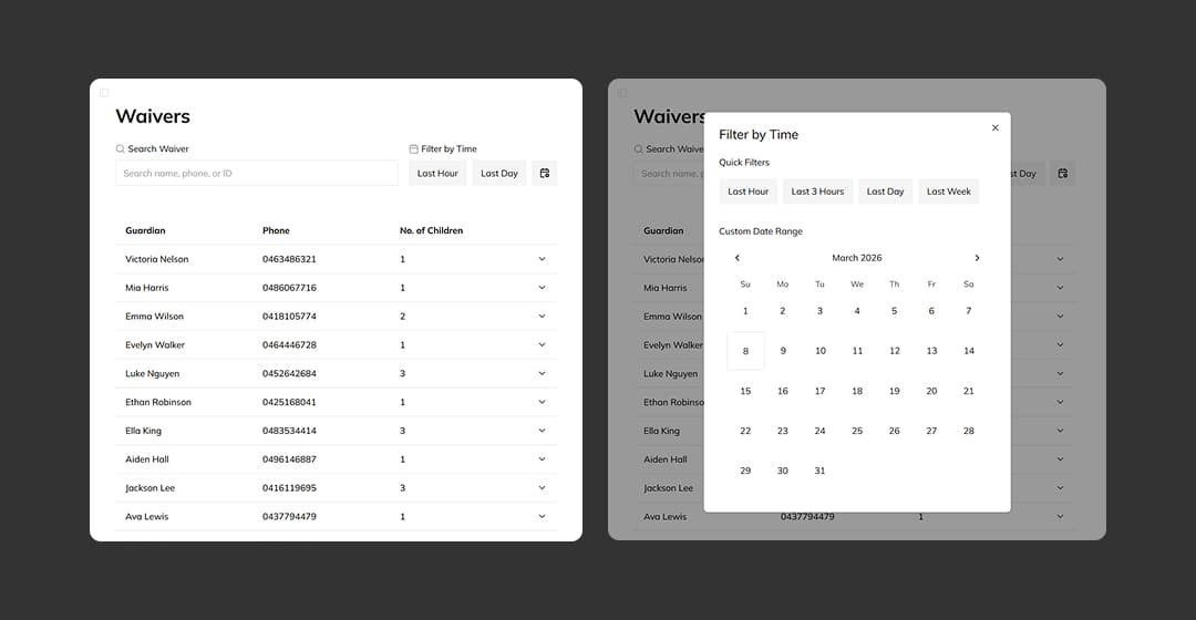 Safety waiver admin dashboard search and filtering