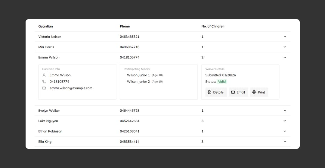 Safety waiver admin dashboard results