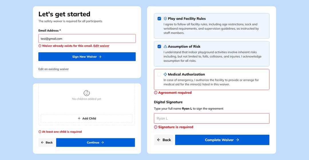 Safety waiver error feedback